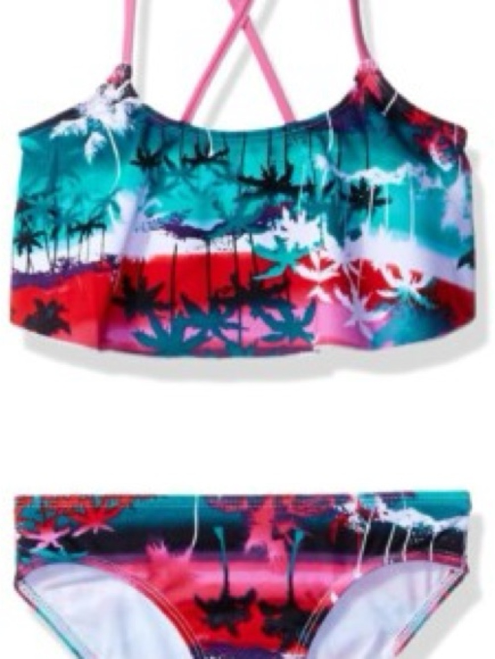 Kanu Surf Girls Tropical Palm Two-Piece Bikini - Pink & Teal